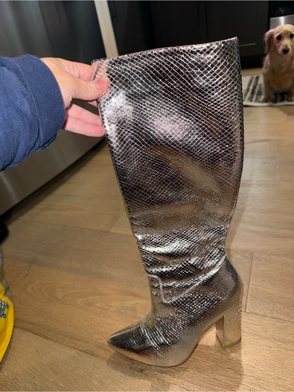 SHEIN Metallic Silver Snakeskin Over-the-Knee Block Heel Boots